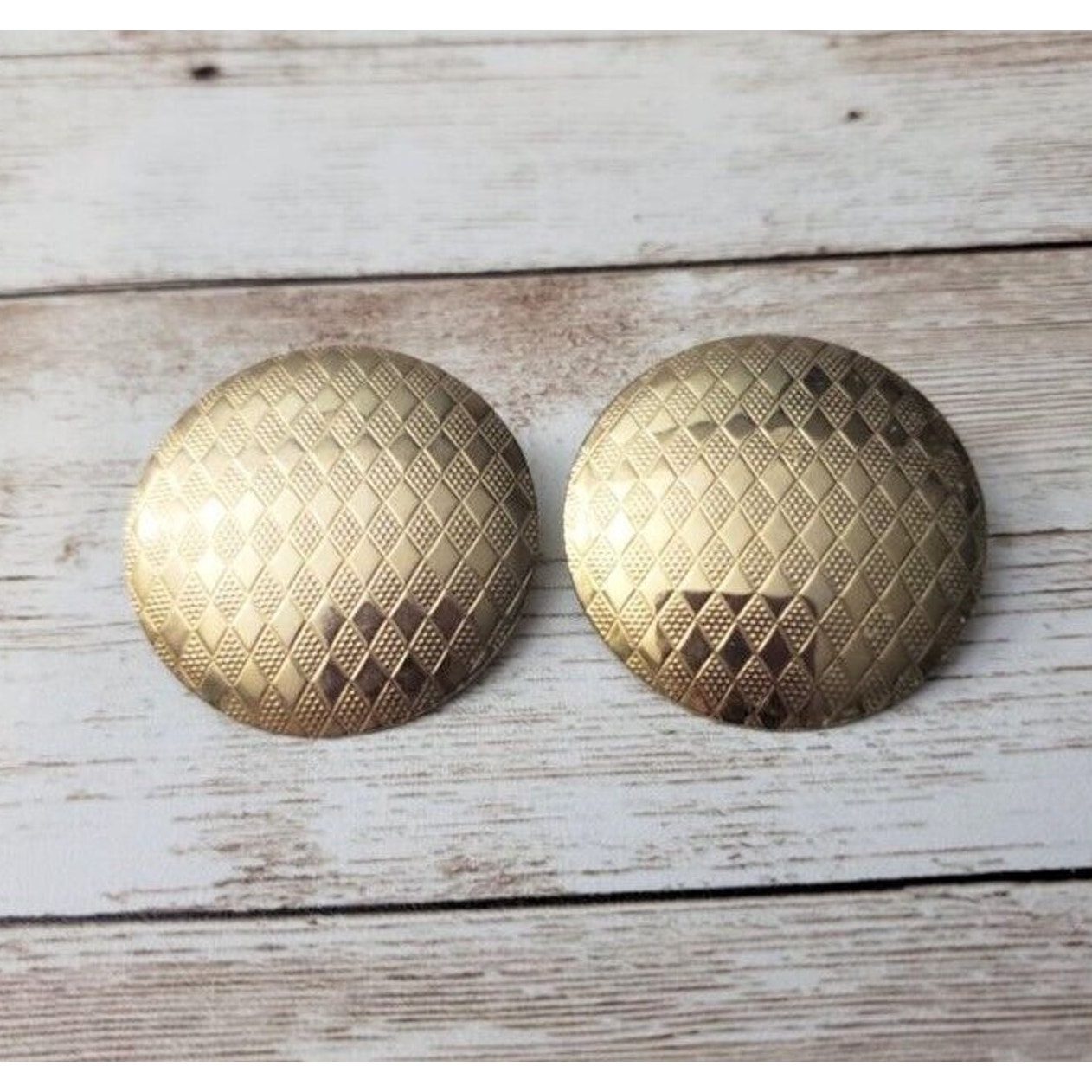 Vintage Clip On Earrings Large Gold Tone Diamond Pattern Circle Statement